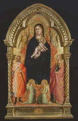 Madonna e Criança Enthroned com Santos Catherine e Giuliano e Anjos (tempera no painel)